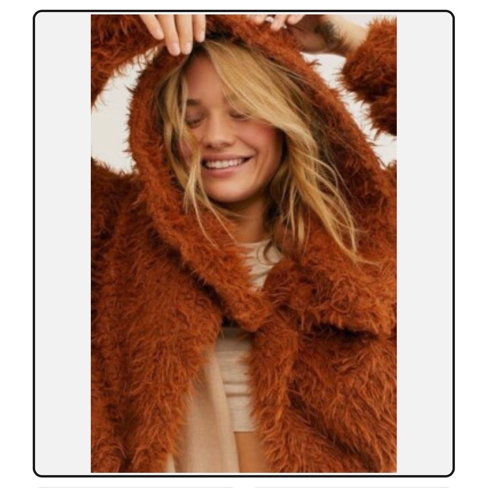 Free People FP One Zuri Parka fuzzy faux fur jacket orange/brown XS/TP oversized